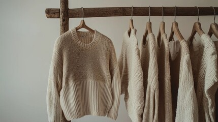 Cozy Beige Sweaters on Wooden Hangers in Minimalist Wardrobe Display