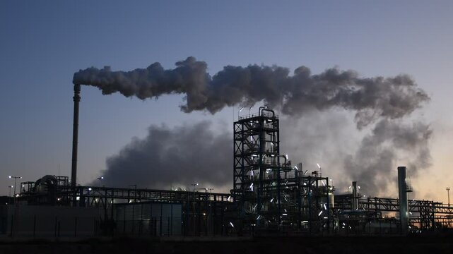 Industrial factory chimney releasing thick smoke into the atmosphere at sunset.Ideal for projects focused on pollution, environmental issues, climate change, and industrialization