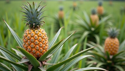 Obraz premium Fresh pineapples growing in a lush tropical field