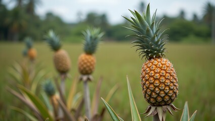 Obraz premium Fresh pineapples growing in a lush tropical field