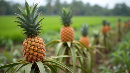 Obraz premium Fresh pineapples growing in a lush tropical field