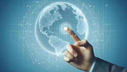 Fototapeta premium Hand pointing at digital wireframe globe on light blue background, representing global connections and technology concept.