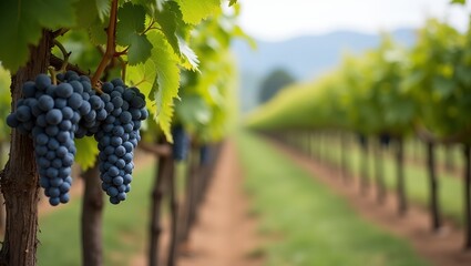 Vibrant grapes on vine with endless rows in vineyard