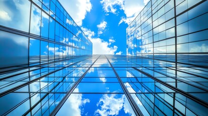 Obraz premium A low angle shot of a glass building reflecting the blue sky and clouds.