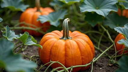 Vibrant pumpkins in a lush patch with sprawling vines