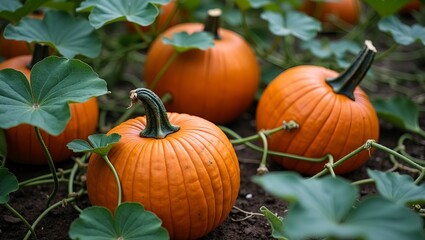 Vibrant pumpkins in a lush patch with sprawling vines