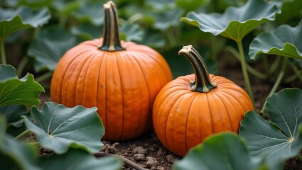 Vibrant pumpkins in a lush patch with sprawling vines