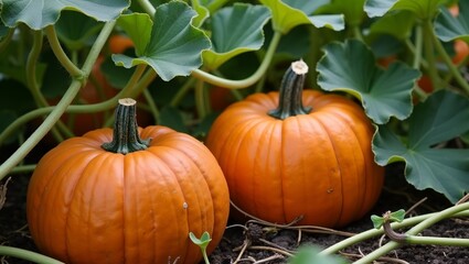 Vibrant pumpkins in a lush patch with sprawling vines