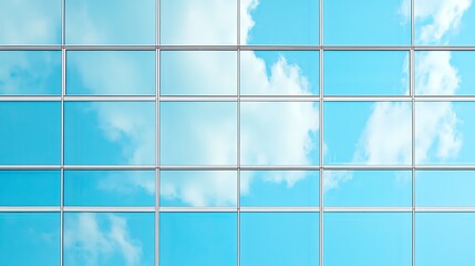 A close-up of a glass building facade reflecting the blue sky and clouds.