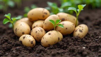 Organic potatoes growing in soil with green sprouts