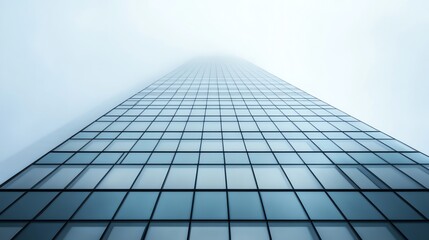 Fototapeta premium Looking up at a tall glass skyscraper reaching into a foggy sky.
