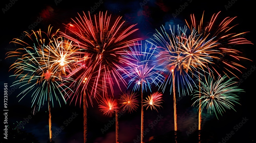 Wall mural fireworks display: colorful fireworks exploding in the night sky, creating beautiful patterns.