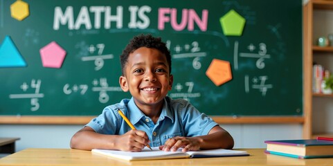 Joyful African American Schoolboy Writing Notes in Classroom with Colorful 'Math is Fun' Message