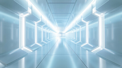 Obraz premium A sleek and modern corridor with bright white lighting, showcasing a futuristic design with reflective surfaces that create a clean and minimalistic space, ideal for sci-fi themed visuals.