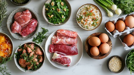 Fresh Ingredients for Healthy Cooking. Meat, Vegetables, Eggs, and Herbs Displayed on a Marble Counter