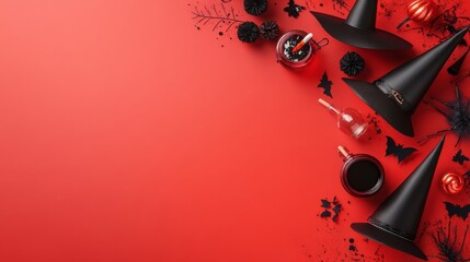 Fototapeta premium Halloween Still Life with Witches Hats, Black Cats, and Potions on Red Background, Copy Space on Right
