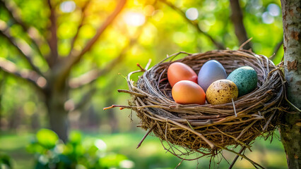 Obraz premium Springtime scene featuring a nest of colorful eggs, symbolizing new life and hope. Easter-themed image showcasing a nest of beautifully colored eggs