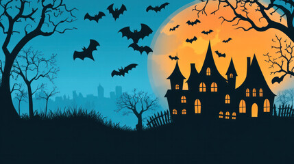 Fototapeta premium A Halloween scene with a castle and bats flying in the sky. The castle is surrounded by trees and a fence. The sky is blue with a full moon