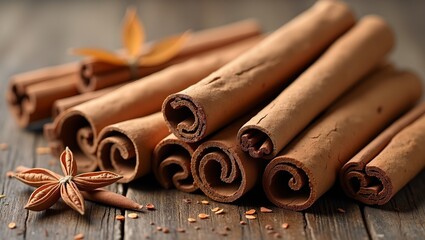 Variety of cinnamon on rustic wooden table