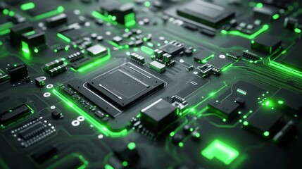 Obraz premium 3D render of a green circuit board with glowing elements on a black background