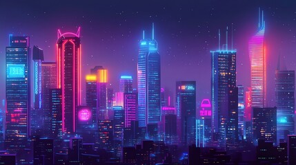 Fototapeta premium A stylized city skyline at night with glowing neon signs and a purple and pink sky.