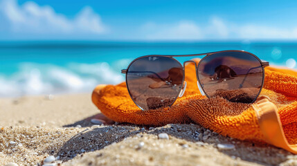 Obraz premium Relaxing on the beach with sunglasses resting on a vibrant orange towel, capturing the essence of summer in a coastal paradise