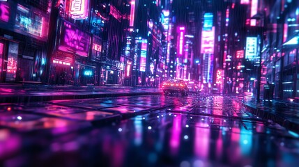 Obraz premium A futuristic city street lit by neon signs and rain.