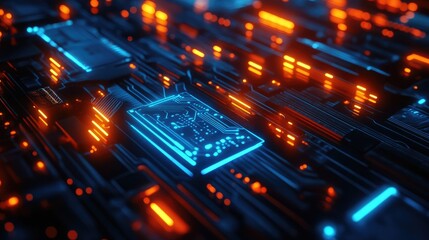 Obraz premium Close-up of a futuristic circuit board with glowing blue and orange lights.