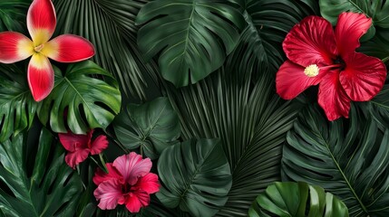 Naklejka premium An array of tropical leaves like banana and coconut palms, paired with spring flowers like hibiscus and lilies, bursting with fresh energy