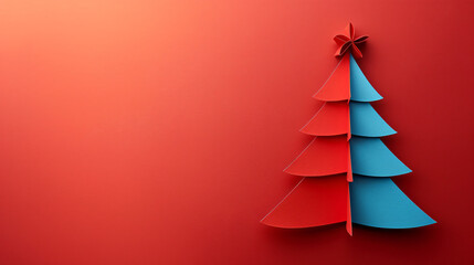 A simple Christmas tree made from red and blue paper on a red background