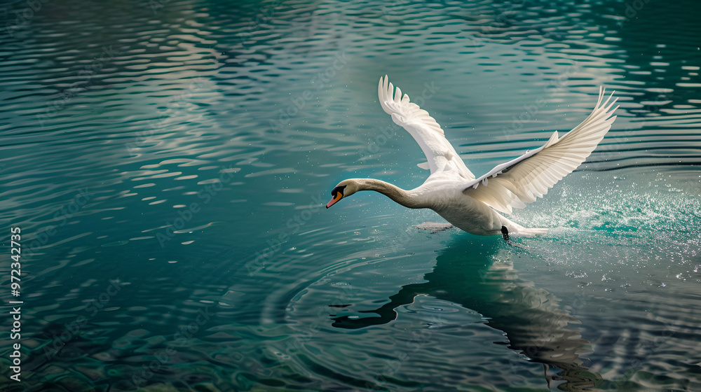 Wall mural A swan taking flight from a crystal-clear lake