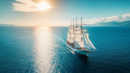 Obraz premium Sailing ship with white sails on the sea, blue sky and sun