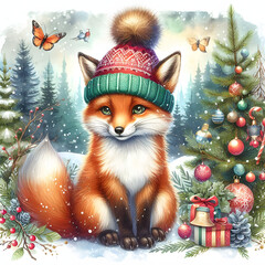 Obraz premium Watercolor painting of a funny fox in a winter Christmas forest. Fox in a winter hat surrounded by fir trees. Holiday decoration concept, Watercolor painting