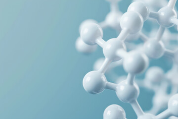 Molecular structure with white spheres on blue background, representing science and chemistry