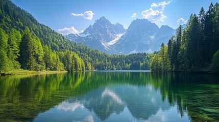 Fototapeta premium Breathtaking view of Fusine lake with Mangart peak on background. Popular travel destination of Mediterranean sea. Location: Tarvisio comune , spring
