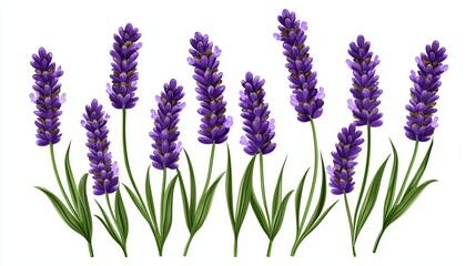 Naklejka premium A vibrant illustration of lavender flowers in full bloom, showcasing their rich purple color and delicate green leaves.