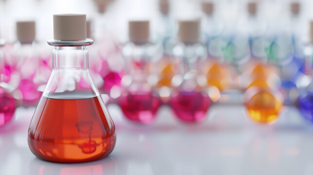Laboratory flask with red liquid in focus, surrounded by colorful flasks