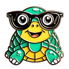 Obraz premium A fun enamel pin featuring a green turtle with a yellow belly, wearing oversized black sunglasses and flashing a cute smile. The playful design adds charm to any outfit, isolated on transparent PNG