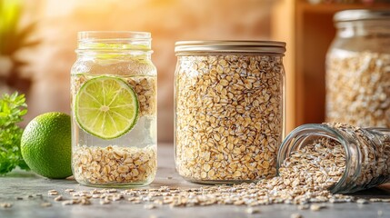 Healthy Breakfast Ingredients. Fresh Lime Drink and Nutritious Rolled Oats in Glass Jars
