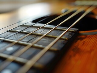 Close-up of an acoustic guitar's fretboard.