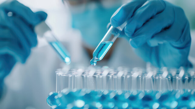 Laboratory technician conducting experiments with blue liquid in test tubes
