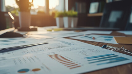 Business plan charts and graphs printed on paper and scattered on a desk