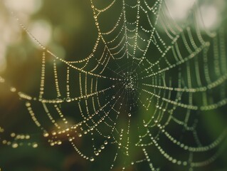 Naklejka premium A spiderweb covered in morning dew, glistening in the sunlight.