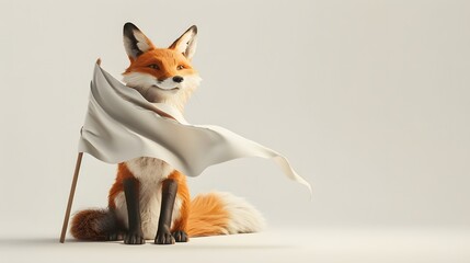 Fox Holding White Flag: A clever fox sitting gracefully, holding a white flag between its teeth.

