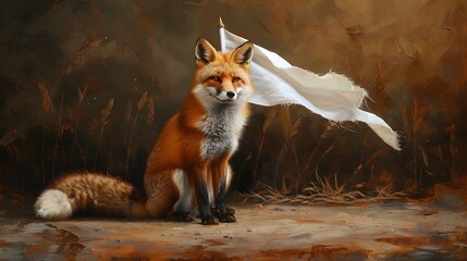 Naklejka premium Fox Holding White Flag: A clever fox sitting gracefully, holding a white flag between its teeth. 