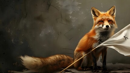 Obraz premium Fox Holding White Flag: A clever fox sitting gracefully, holding a white flag between its teeth. 
