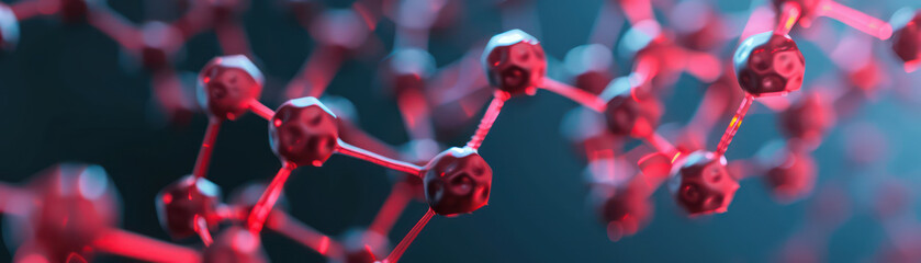 Molecular structure in red tones, showcasing intricate connections and depth