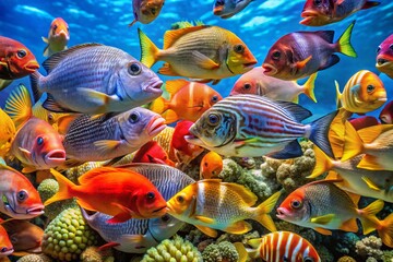 A colorful array of tropical fish swim together, their scales shimmering in the sunlight, as they seemingly exchange