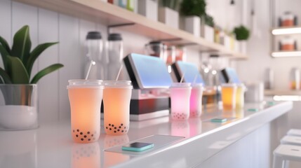 A modern bubble tea shop with transparent shaking stations and glowing tapioca pearls, serving fun in a cup