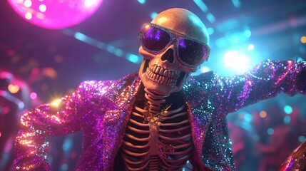Skeleton wearing sunglasses is dancing in nightclub with disco ball